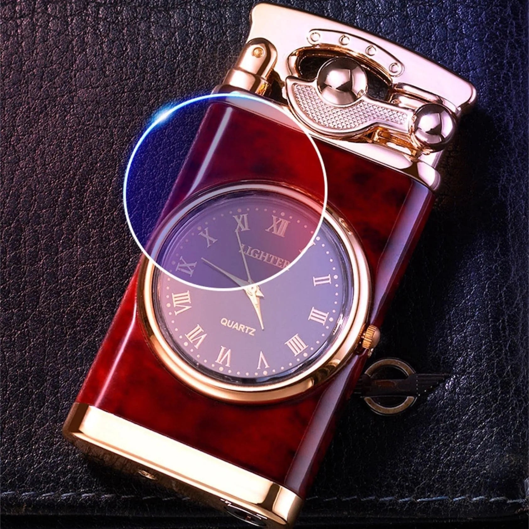 Men's watch-style lighter with digital dial showing time and adjustable blue flame emerging from top.