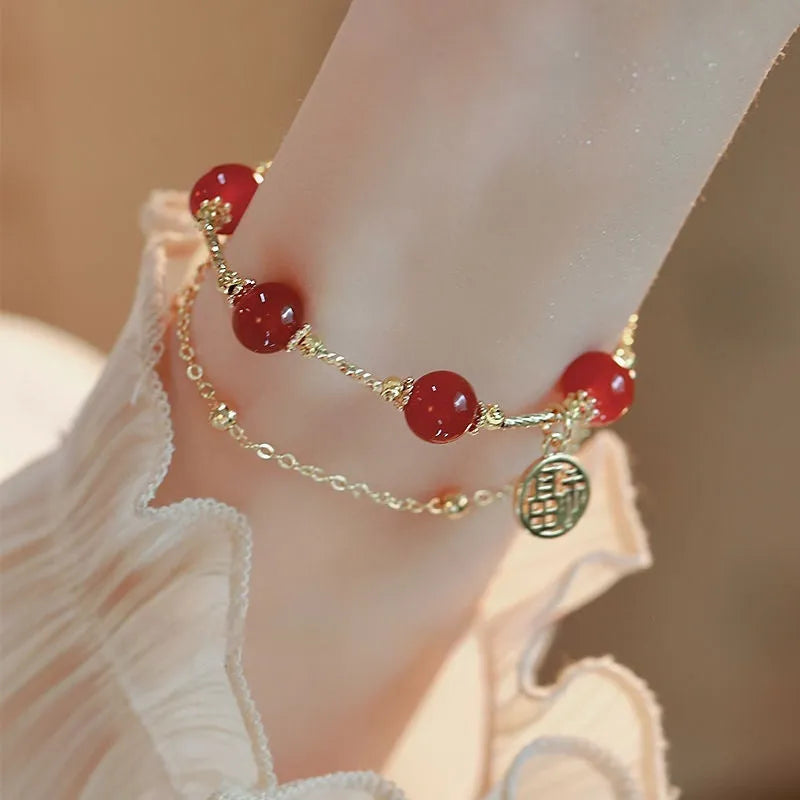 Women's double-layer bracelet with red agate stone and Hongma blessing card charm on adjustable electroplated alloy