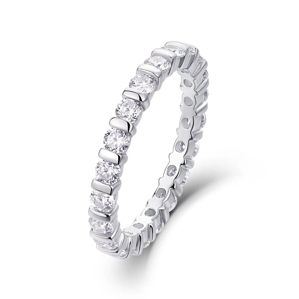 Starlight Love moissanite wedding ring set in platinum finish on white background with gift box and GRA certificate