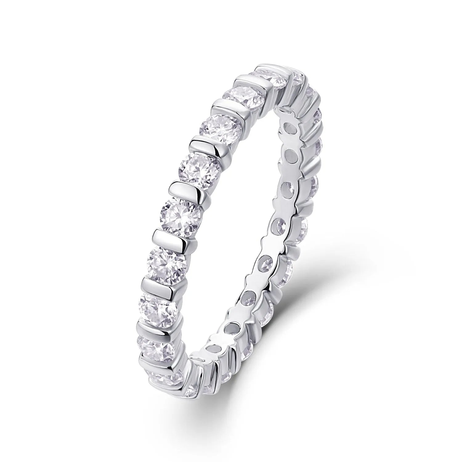 Starlight Love moissanite wedding ring set in platinum finish on white background with gift box and GRA certificate