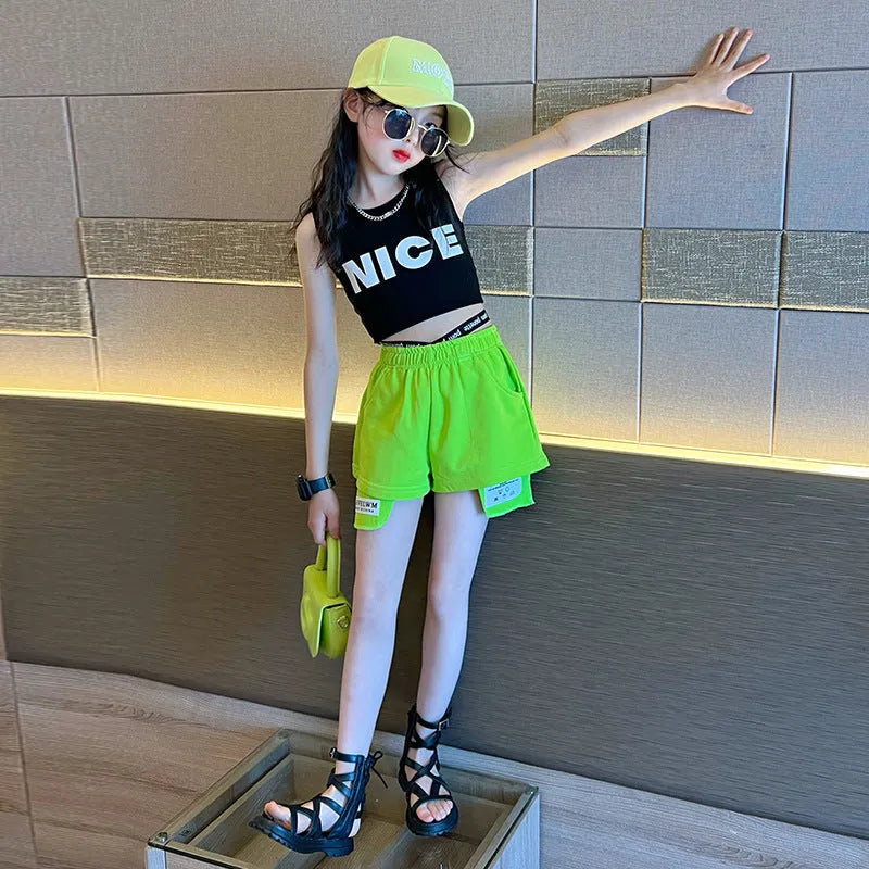 Girls casual cotton shorts and vest two-piece set in black top and green pants, pullover style
