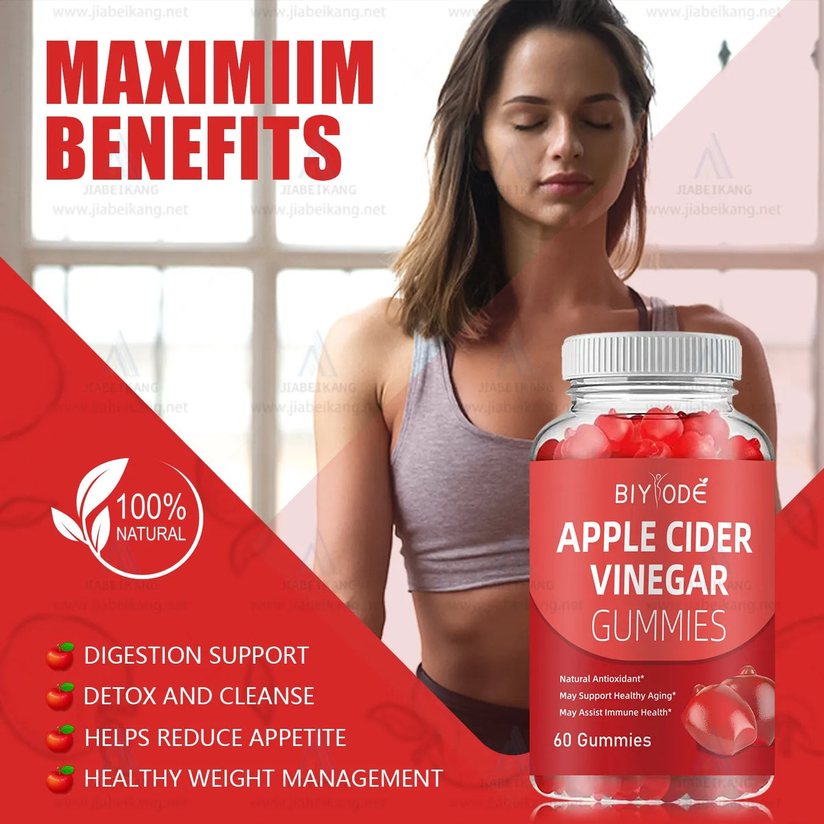 Bottle of Biyode apple cider vinegar gummies with 60 gummies per bottle, vegan and gluten-free
