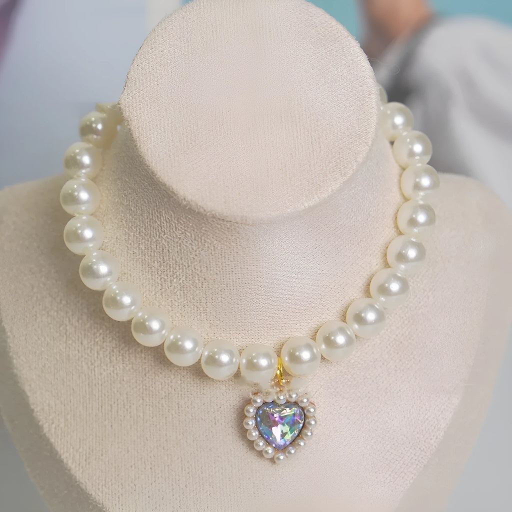 Plastic alloy resin pearl necklace cat collar with love gem charm in multiple colours