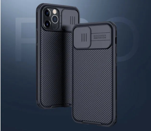 Black Mirror series iPhone 12 case with sliding camera privacy cover in black, blue, or dark green colours