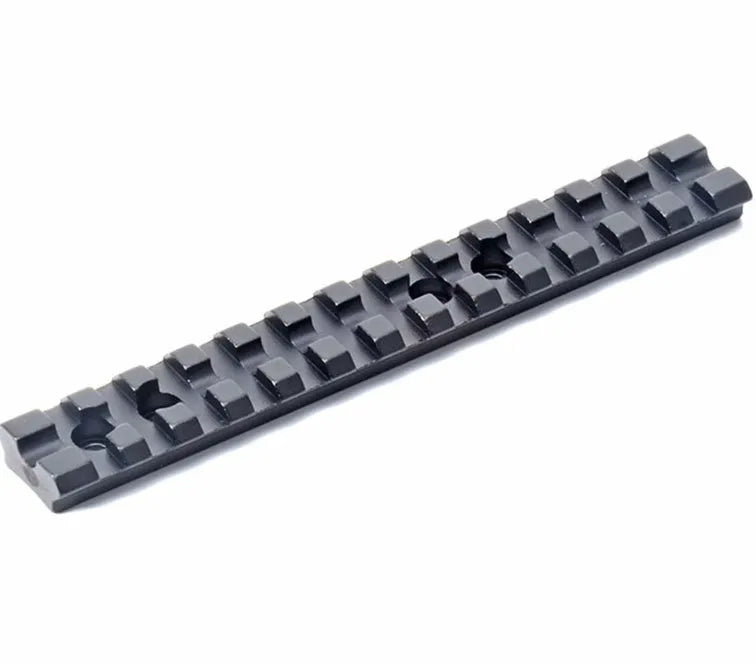 Black aluminium shotgun scope mount with 13-slot Weaver/Picatinny rail measuring 140mm length