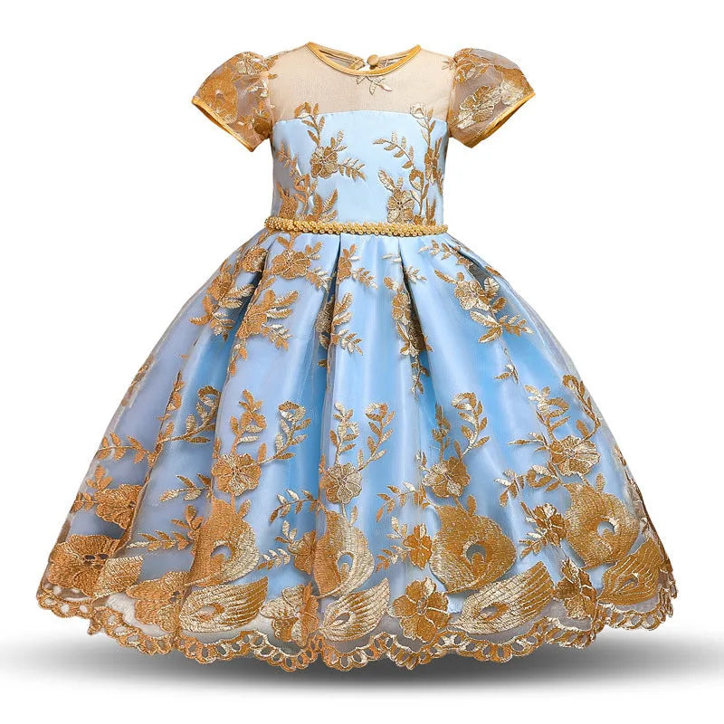 Girls puffy princess dress with lace and bow in blue or yellow, cotton blend, sizes 100-150cm