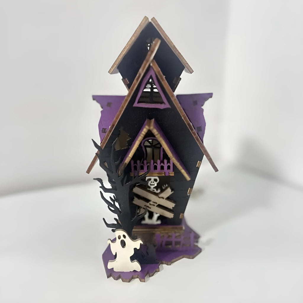 DIY wooden glowing haunted house Halloween table decoration and candlestick holder.
