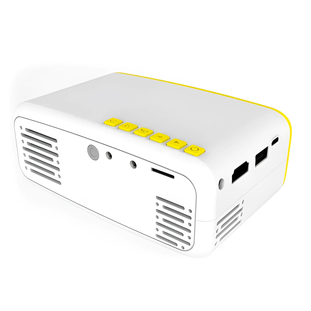 Miniature HD mini projector in black with LED light, 320x240 native resolution, 30,000 hour lifespan, portable 245g design