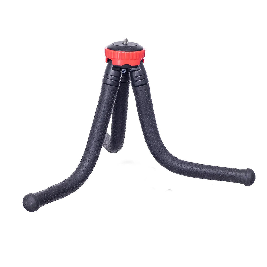 Black octopus tripod with flexible rubber legs wrapped around a pole holding a camera