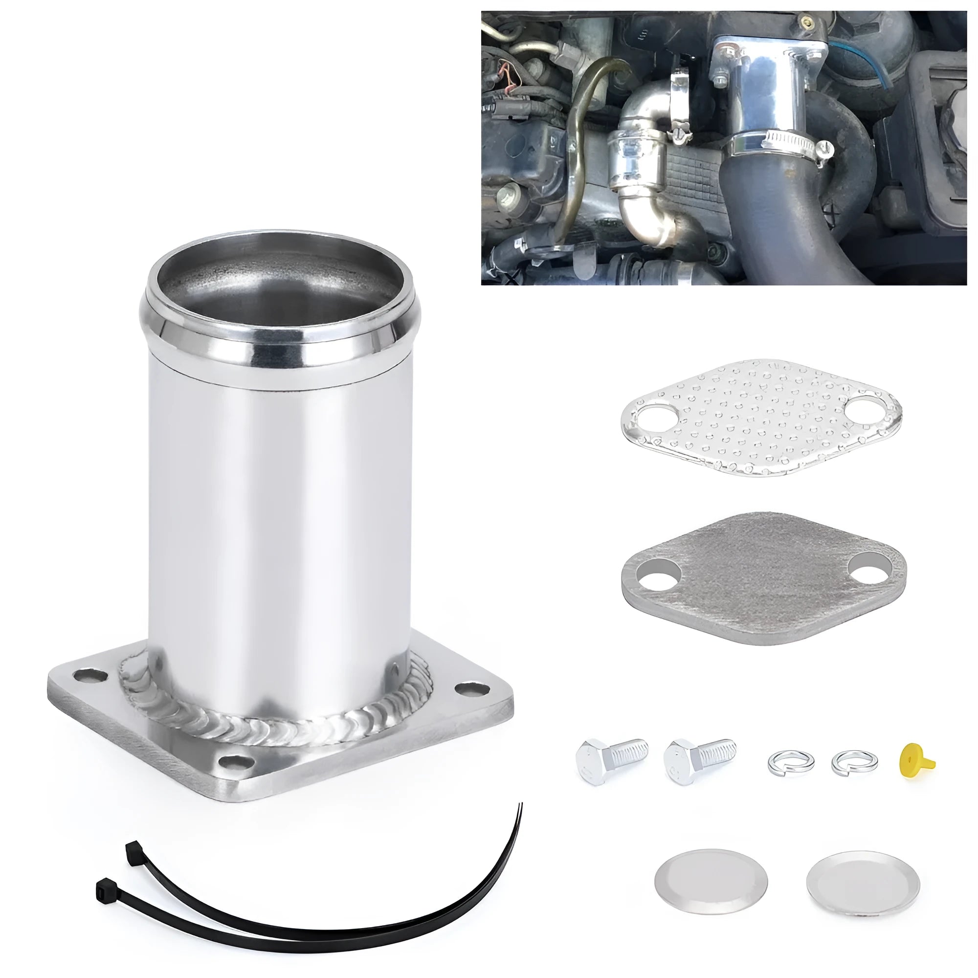 BMW E46 diesel EGR deletion kit showing black removal pipe, blanking plates, bolts, washers, plug and cable ties