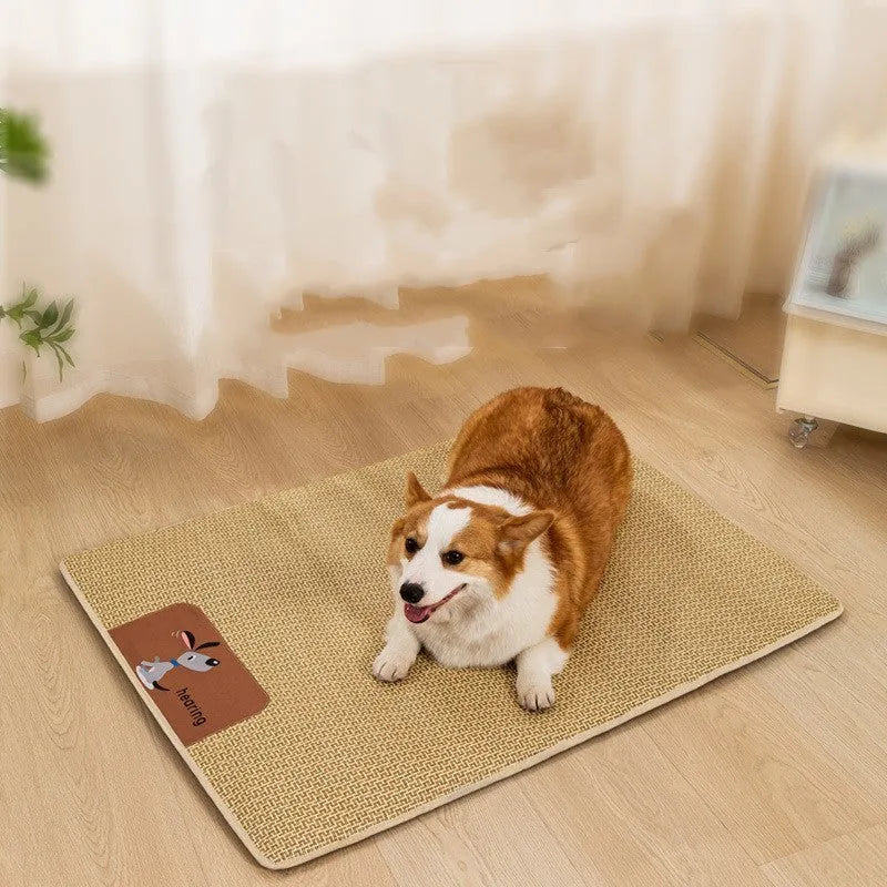 Beige woven pet cooling mat for cats and dogs, size M (75x55cm), laid on a wooden floor