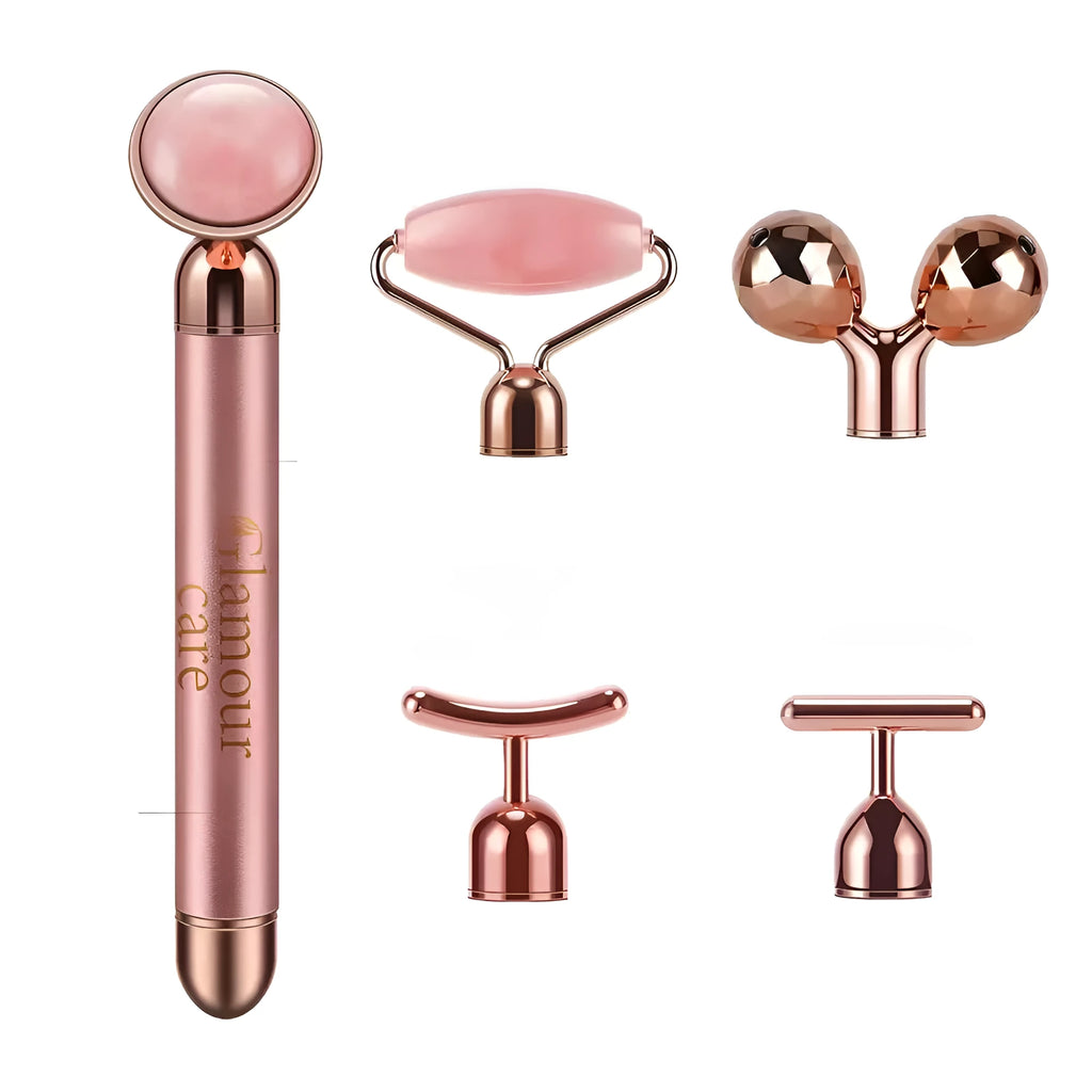 Rose gold five-in-one vibrating face massager with jade roller, disc, U-shaped and T-shaped beauty heads in colour box