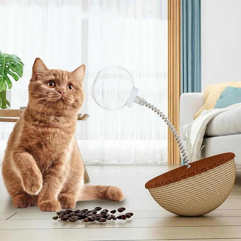Auto-balancing cat slow feeder toy with rope and PP plastic construction for interactive feeding