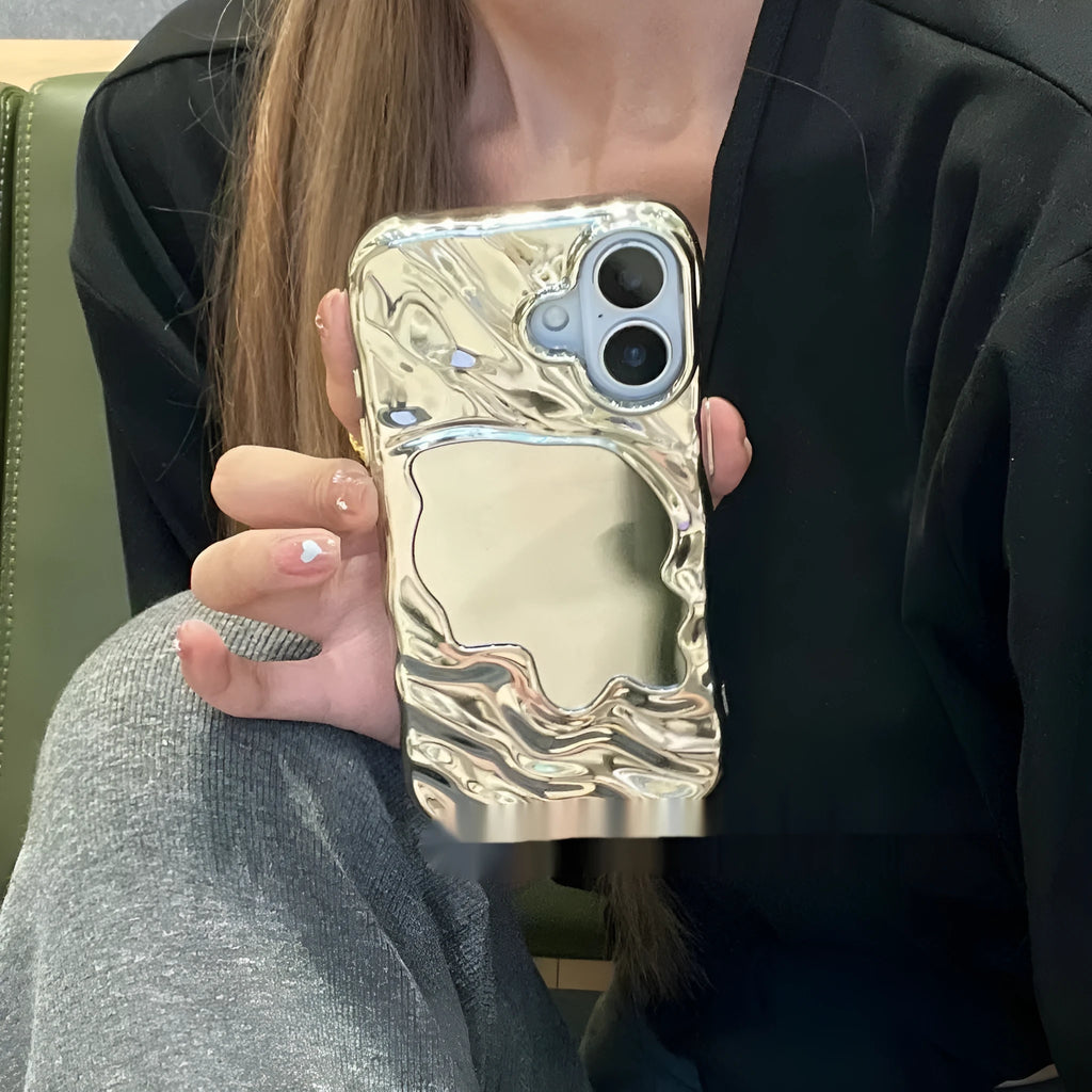 Solid colour phone case with a built-in mirror for iPhone models, shown in beige and purple.