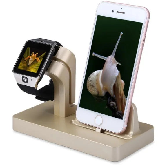 White 2-in-1 desktop charging dock holding an iPhone and an Apple Watch simultaneously.