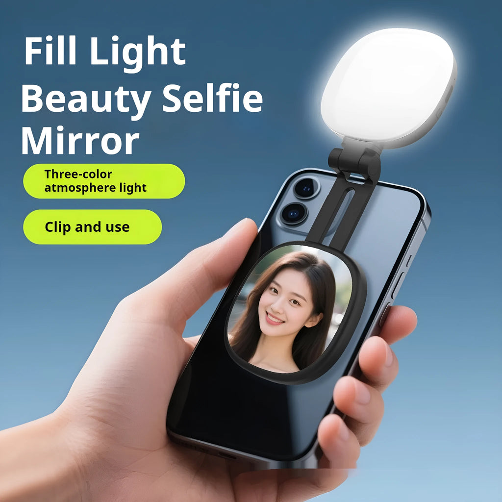 Black and white mini portable fill light with magnetic phone holder showing three colour temperature settings