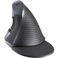 Black and white wireless vertical ergonomic mouse shown from the side, displaying its upright shape and button layout.