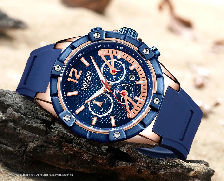 Men's fashion wristwatch with 48mm case, luminous hands, and chronograph dial in rose black finish