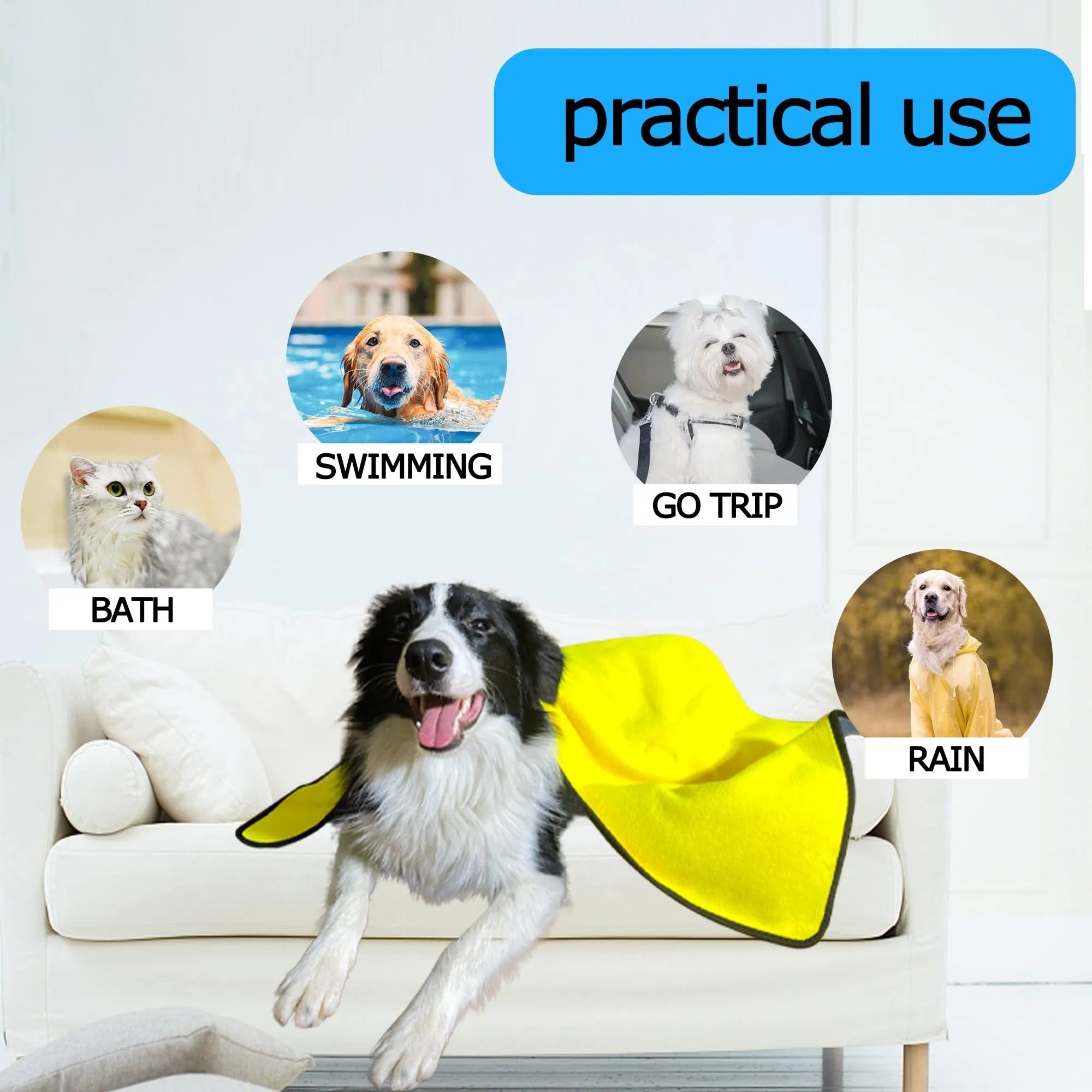 Yellow microfiber dog drying towel with hook loop, super absorbent for pets
