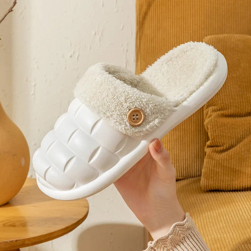 Plaid detachable EVA house slippers for women with plush lining, shown in pink.
