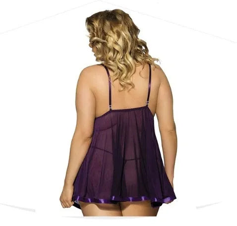 Purple women's sleeveless sleepdress with lace trim, shown on a hanger.