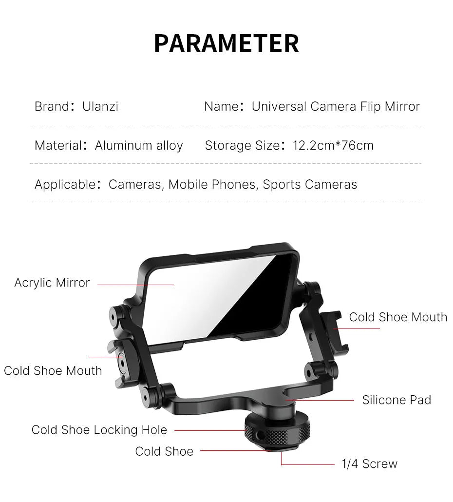 Ulanzi PT-14 universal flip mirror black aluminium alloy 12.2cm by 76cm for camera phone sports camera