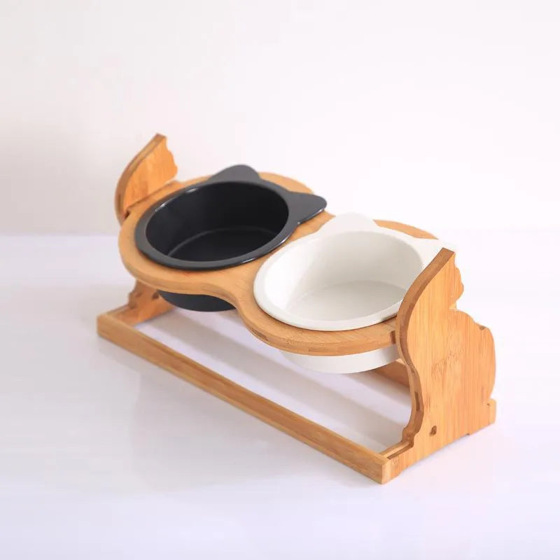 Ceramic pet bowl cat food bowl with stand for cats 400ml capacity single or double bowl in black white black and white choice of stand or shelf colour options as shown