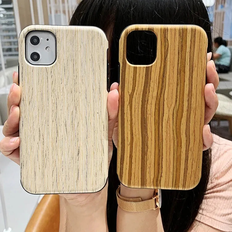 Wooden back cover case for iPhone in rosewood, teak, black rose, and walnut wood finishes.