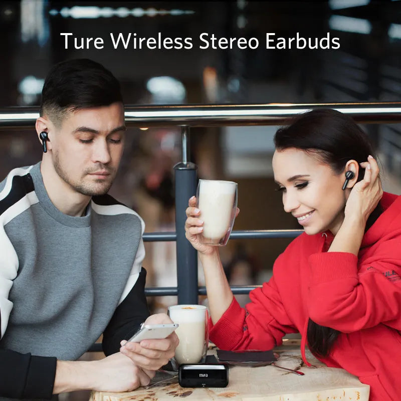 Black and white true wireless Bluetooth earbuds with in-ear design.