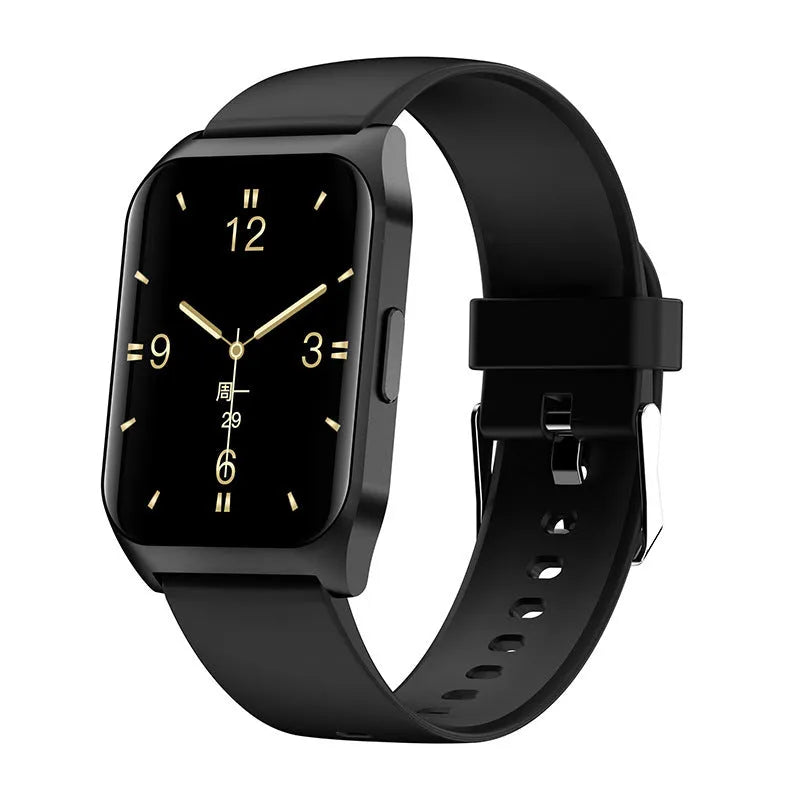 Black smart watch with heart rate monitor and Bluetooth call function on a 1.69-inch screen