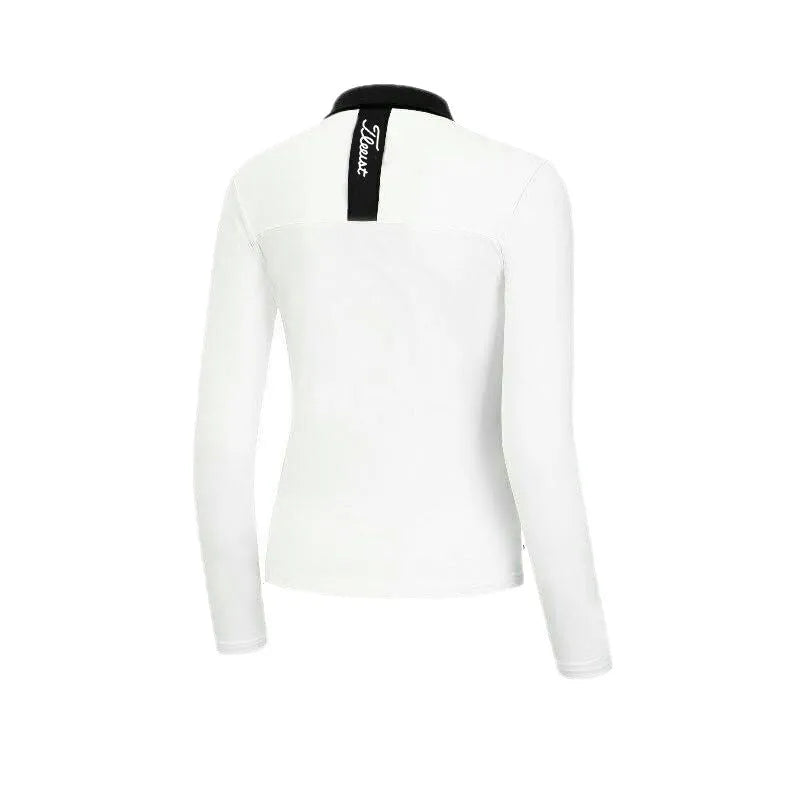 Women's white long sleeve polyester golf top with slim-fit sports style for outdoor sun protection