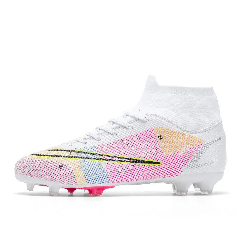 High top AG football boots for artificial turf with non-slip rubber outsole and elastic fit.