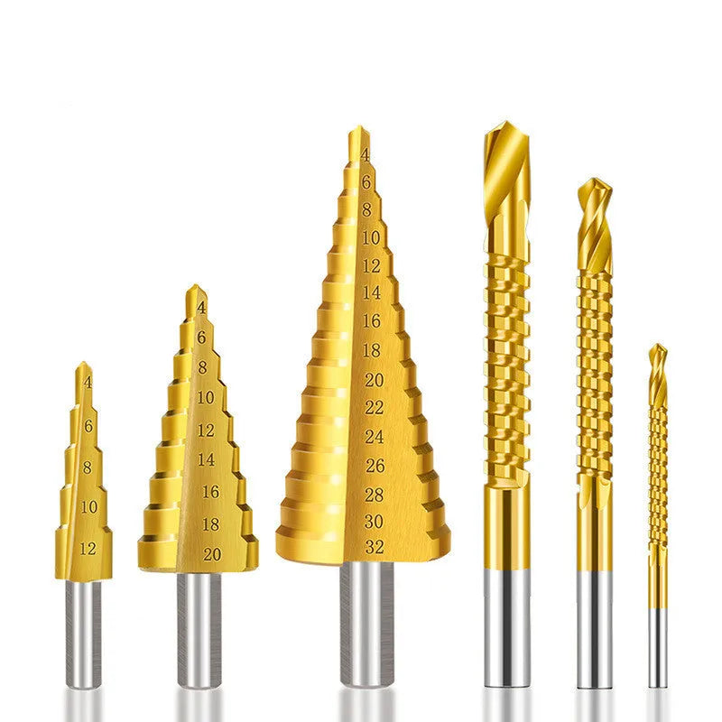 High speed steel step drill bit set with centre punch for metal and wood drilling
