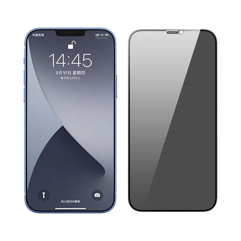 Tempered glass anti-peep screen protector for iPhone shows dust-proof mesh and cutout for camera
