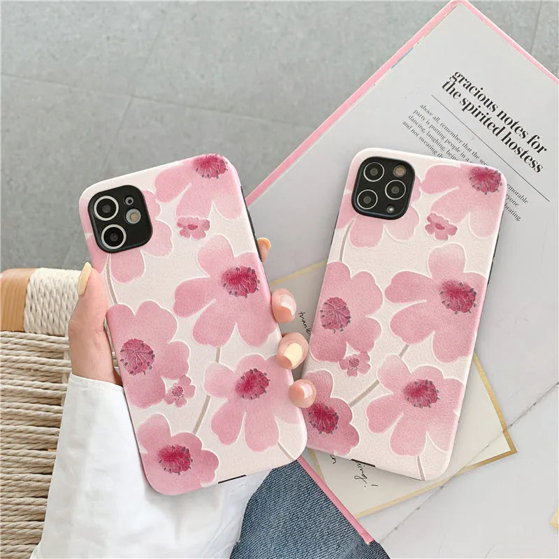 Pink flower pattern soft rubber iPhone case with lanyard hole