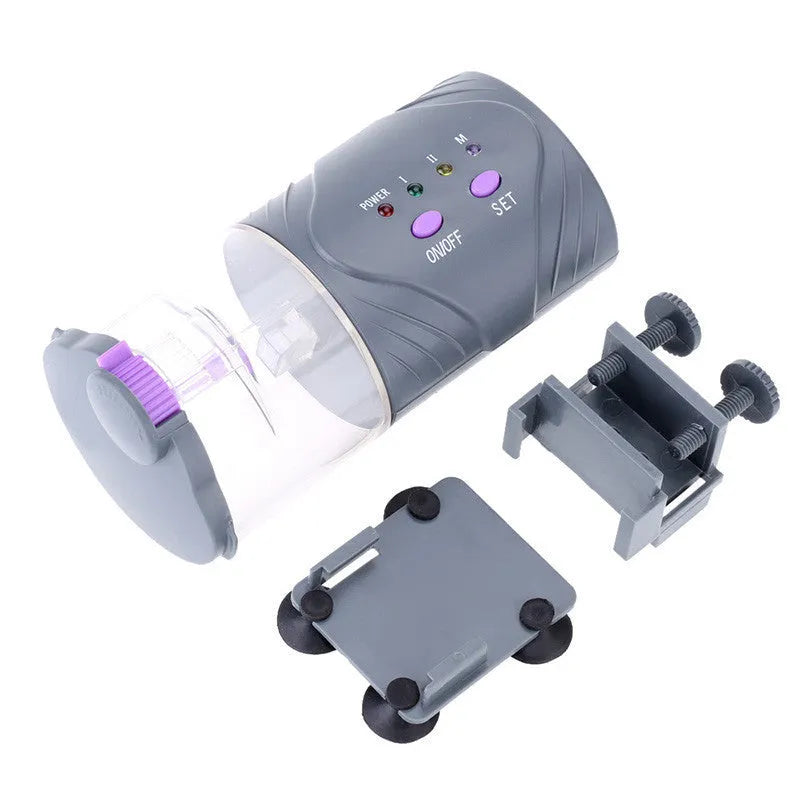Intelligent timing fish feeder with bucket lid, bracket and two screws for aquarium edge mounting