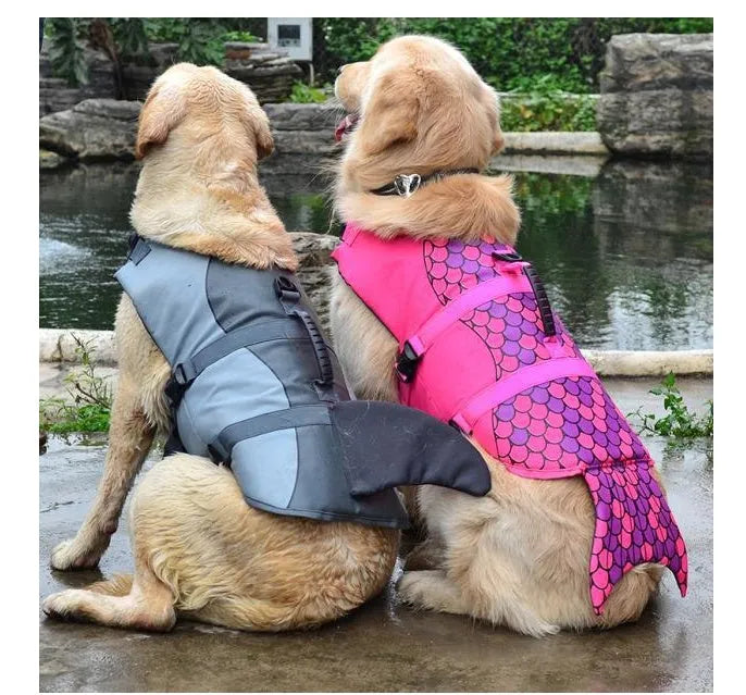 Pet life jacket in 600D polyester oxford with foam filler, available in pink, gray, shark, red, clownfish.