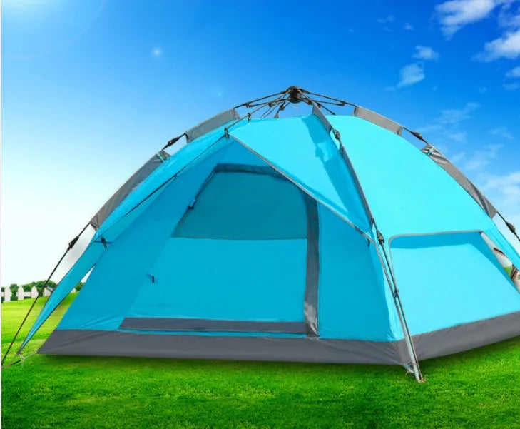 Waterproof automatic pop up tent for 3-4 people, 210x220cm outer, 140cm high, in Army Green or Sky Blue.