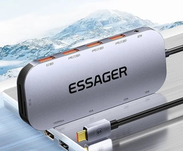 11-in-1 USB-C expansion dock with Gigabit Ethernet port, HDMI, USB ports, and card readers