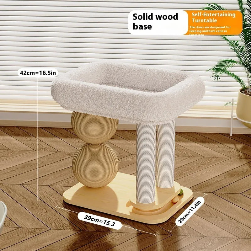 Pine wood cat nest with integrated grasping balls for scratching, shown in a simple style.