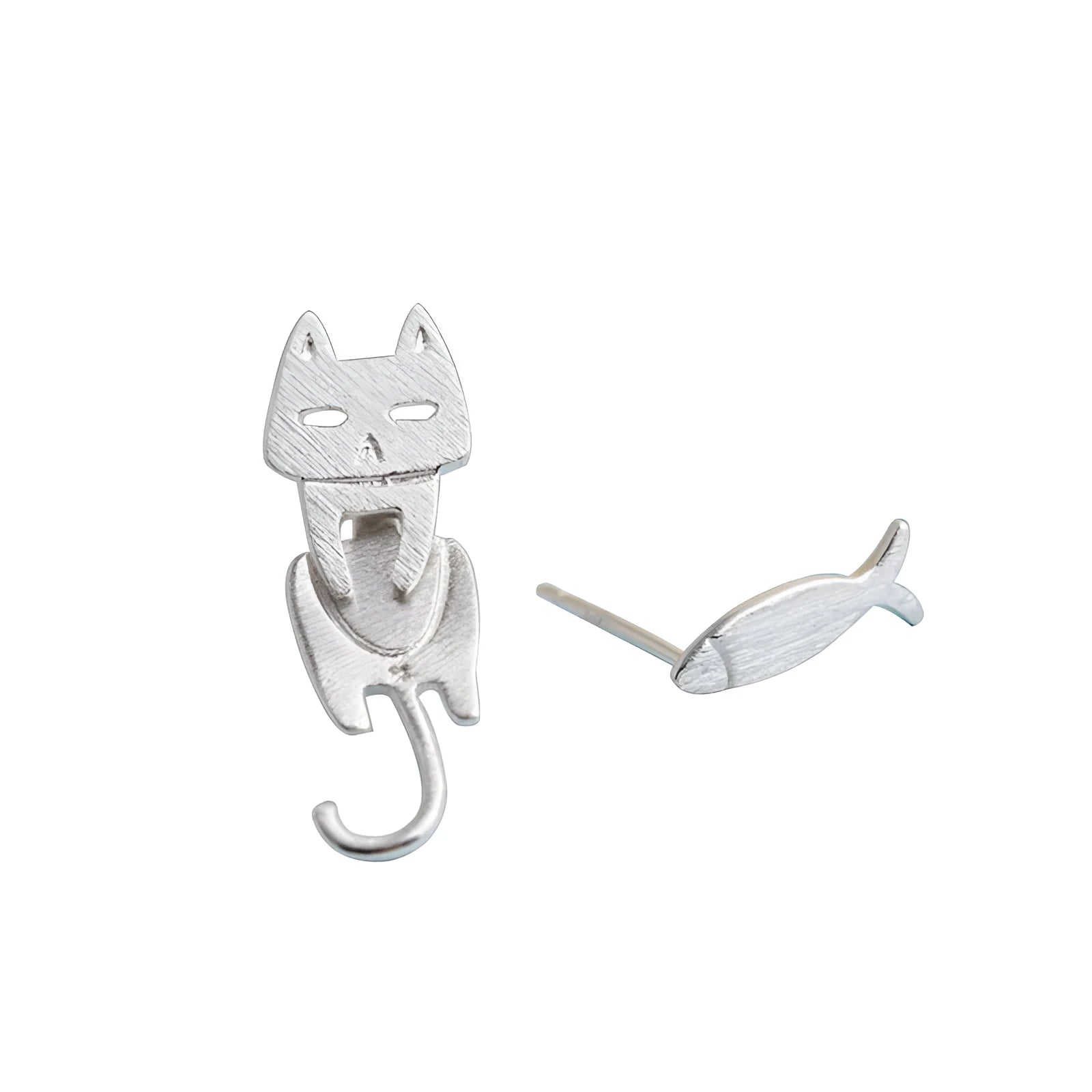 S925 sterling silver stud earrings with asymmetrical cat and fish design on white background