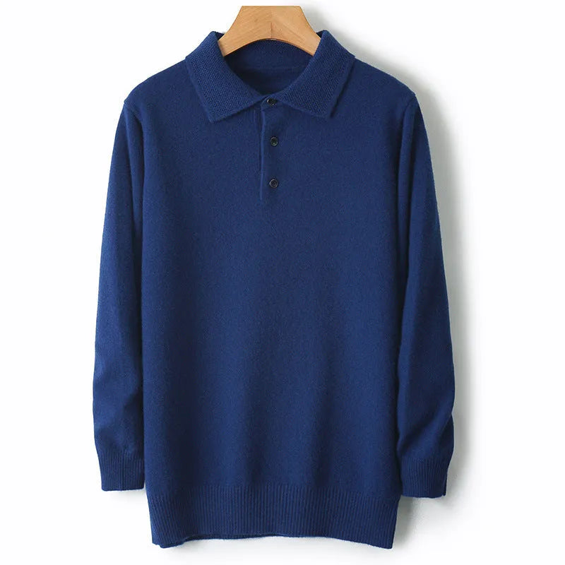 Man wearing a grey woolen polo collar sweater pullover with long sleeves.