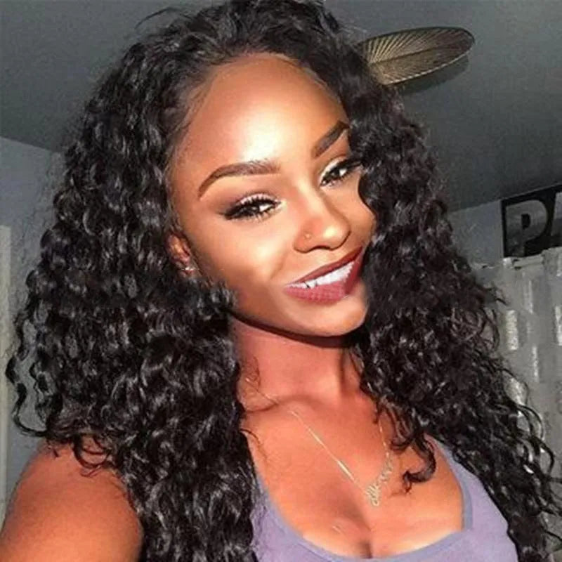 Black curly wig for women 65cm long on a mannequin head showing adjustable cap and free hair net