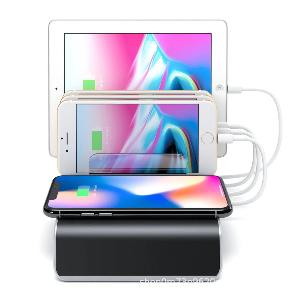 Black universal mobile phone tablet charging stand with wireless station measuring 19.8cm