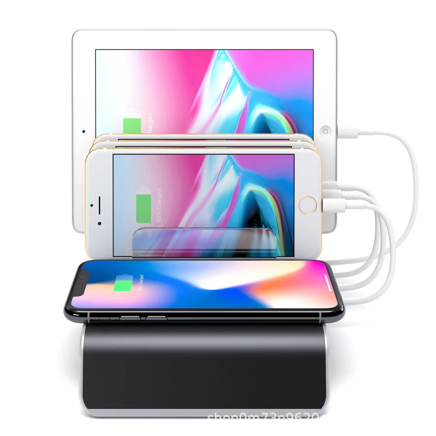 Black universal mobile phone tablet charging stand with wireless station measuring 19.8cm