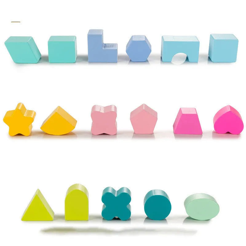 Wooden geometric shape sorter on wheels with colourful cubes and 17 holes for toddlers age 3 plus