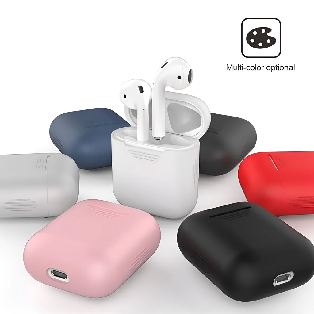 Silicone protective case for Apple AirPods with antiloss rope attached, shown in multiple colour options.