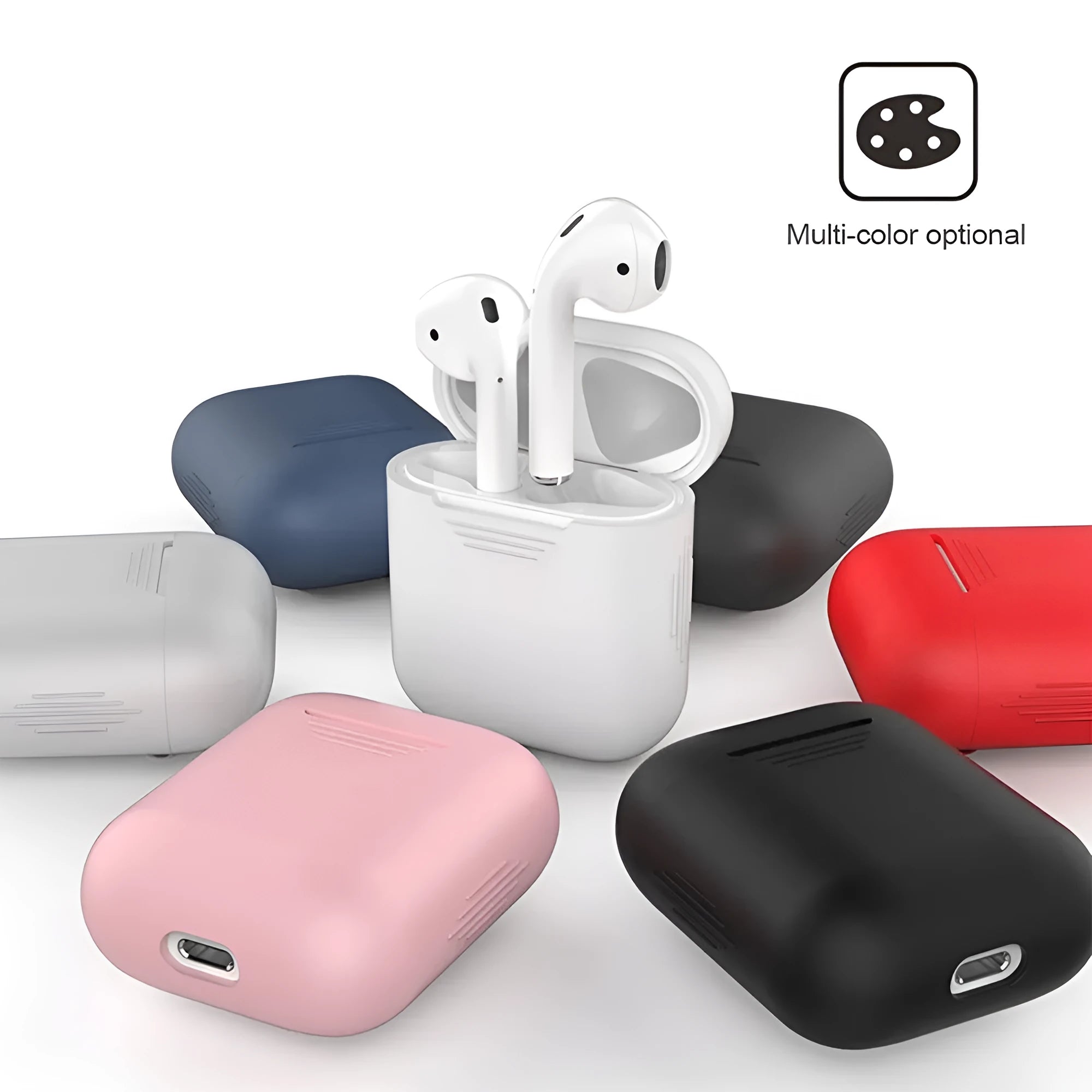 Silicone protective case for Apple AirPods with antiloss rope attached, shown in multiple colour options.