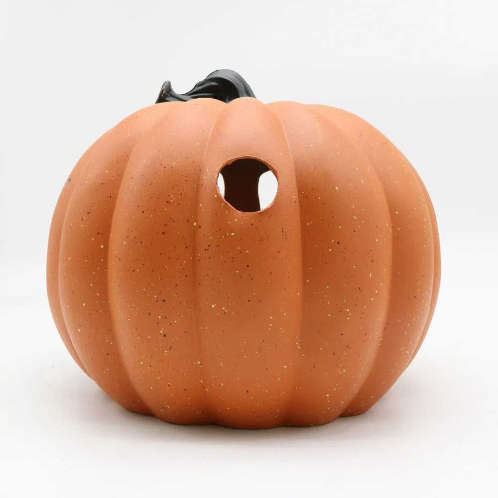 Halloween skull hooded pumpkin lantern in yellow, 23x19cm, hollow out design, resin with electronic component