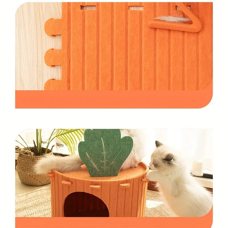 Grey felt semi-enclosed cat tunnel and nest bed for indoor cats, shown in medium and large sizes.